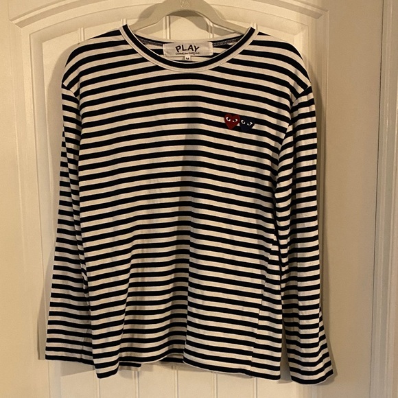 Comme des Garcons PLAY Navy and White Striped Long Sleeve Tee - Picture 2 of 6